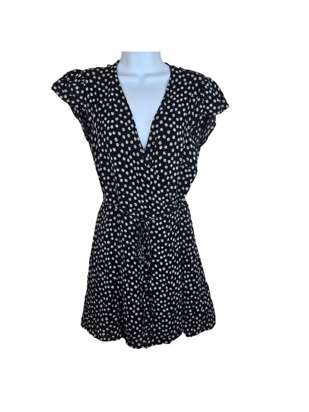 Reformation Black Daisy Floral Wrap Dress Womens Size M Cap Sleeves